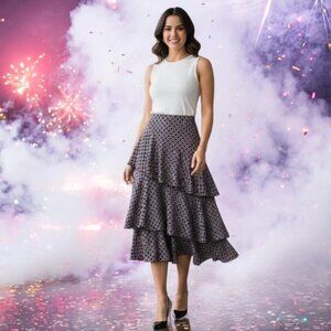 GINGER Geometric Print Playful Tiered Ruffle Midi Skirt Sz XS